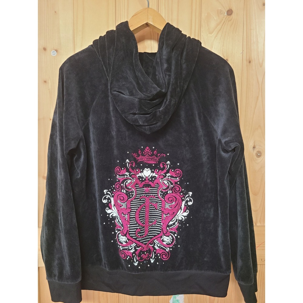 Juicy Couture Velour Hoodie Women XL Black Good Pink Glitter Crest Y2K Zip Up - Picture 5 of 10